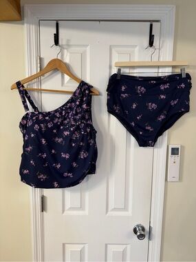 Lands' End Navy Floral One-Shoulder Tankini with High-Waist Bottoms